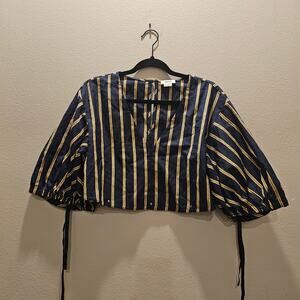 Jason Wu Striped V-neck Balloon-Sleeve Peplum Top  Size Small
